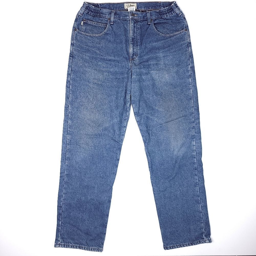 LL Bean Comfort Waist Flannel Lined Jeans Mens 36x32 100% Cotton Blue 12.5" Rise